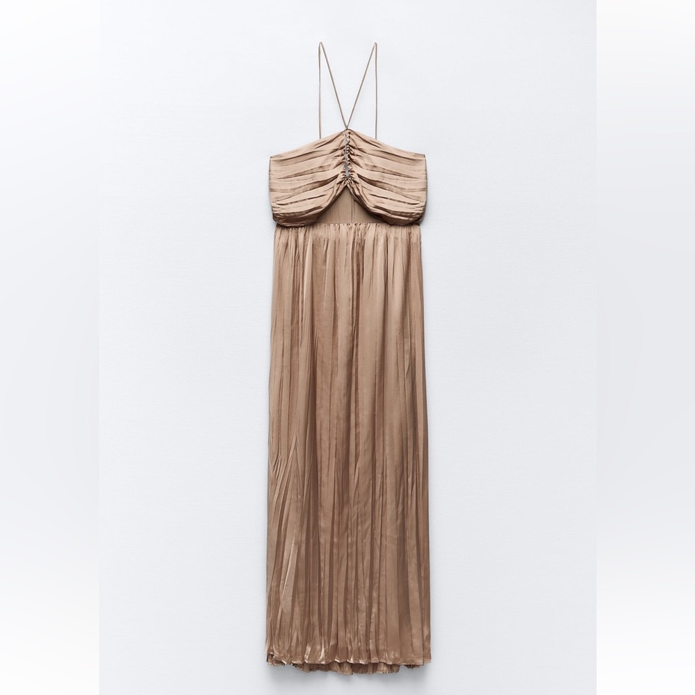 Zara Gold Satin Wrinkle Effect Cutout Sleeveless Midi Slip Dress